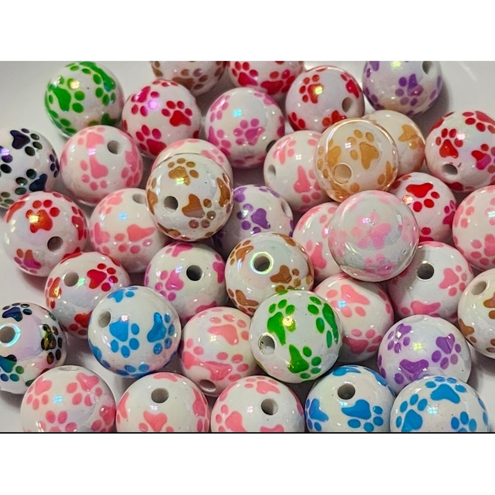 Paw Print Beads 5 Pcs Acrylic 16mm White Colorful Round Crafts Jewelry Making